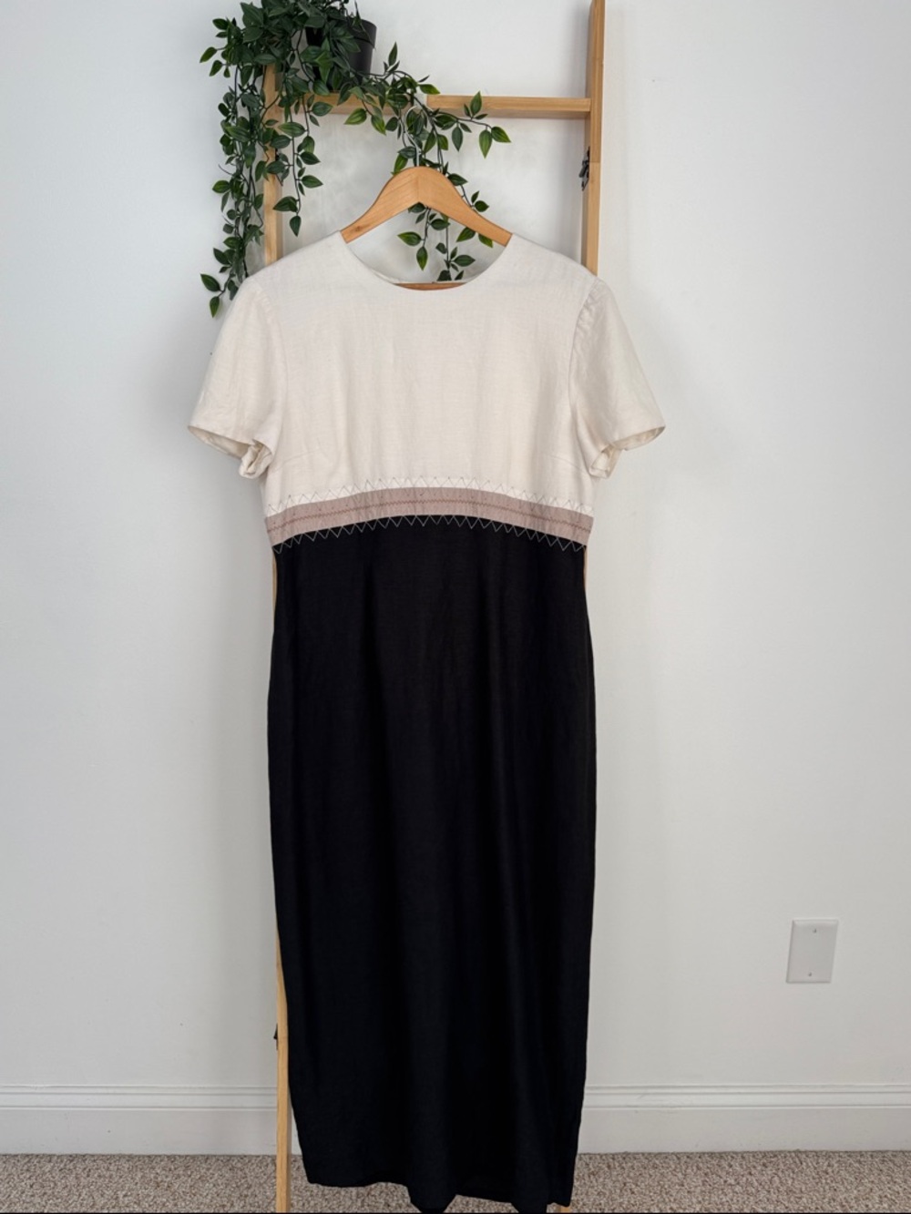 Vintage Maggy London Linen Blend Black/Cream Langelook Colorblock Midi Dress 16